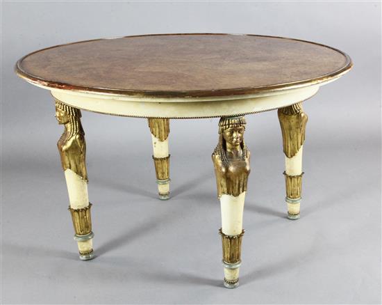 An early 20th century burr walnut parcel gilt and cream painted centre table, Diam. 4ft 1in. H.2ft 6in.